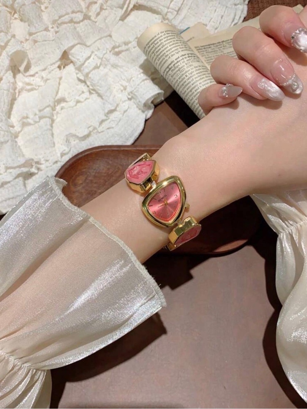 Gold Bracelet Watch with Pink Heart Accents - Picture 3 of 5